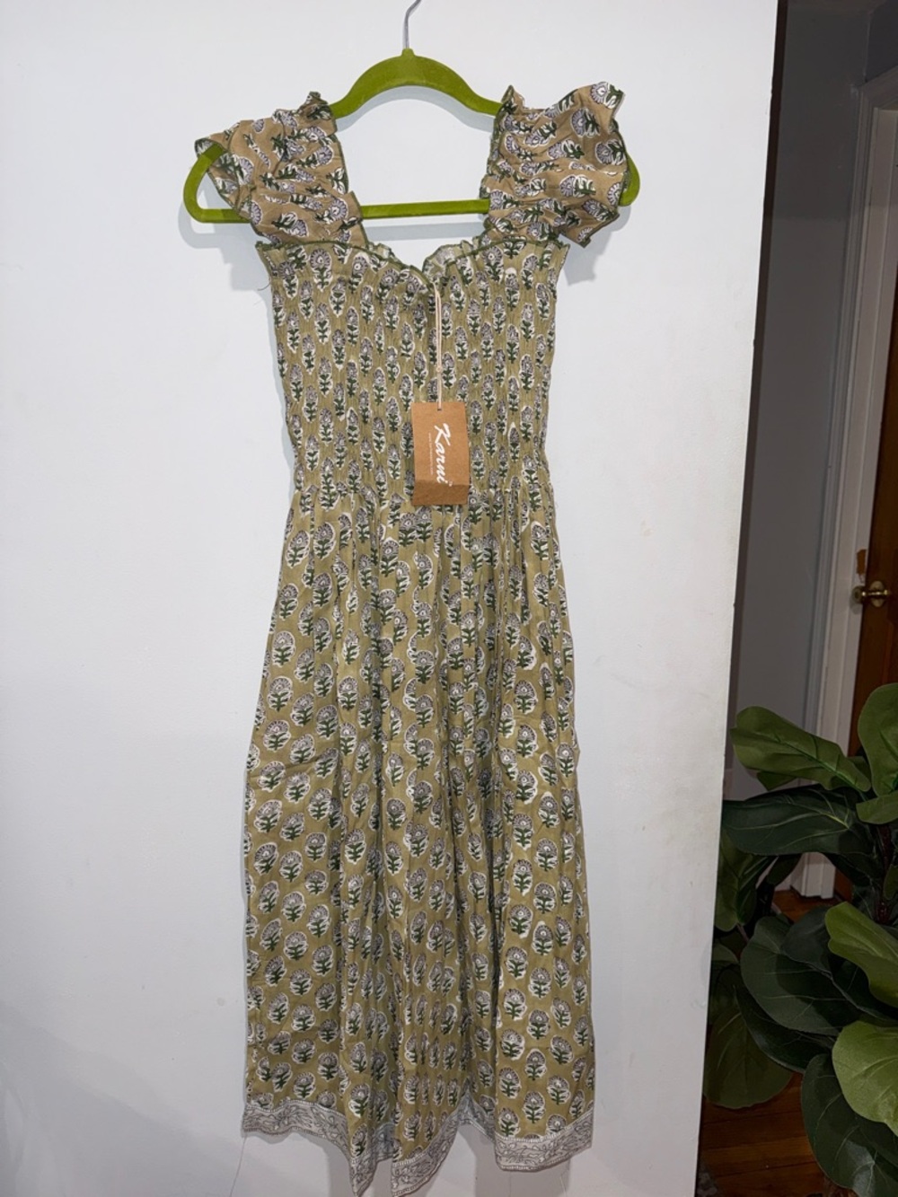 Kivari Olive Printed Ruffle-Shoulder Midi Dress